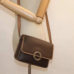 CELINE Macadam Canvas Shoulder Bag PVC Leather Brown Gold Auth